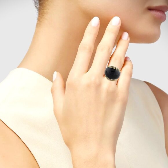 LAGOS Sterling Silver 18K Gold Onyx Cabochon Cocktail Ring Size 6 - Picture 4 of 10